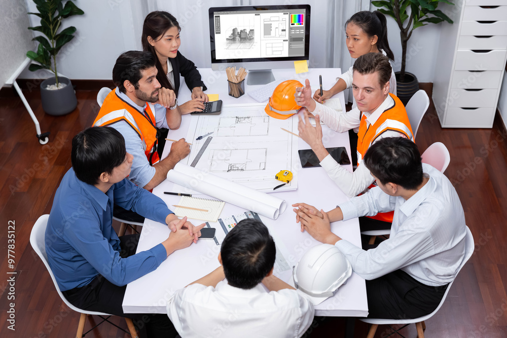 Poster diverse group of civil engineer and client working together on architectural project, reviewing cons