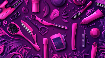 “Beauty salon or barber banner/poster featuring hairdresser accessories and professional tools for curling and haircut. Designed in purple and pink color schemes, ideal for print flyers and web