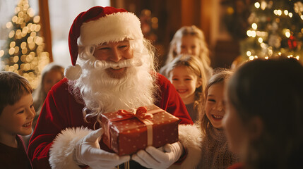 A person dressed as Santa Claus handing out Christmas gifts to a group of smiling children in a warmly decorated room.