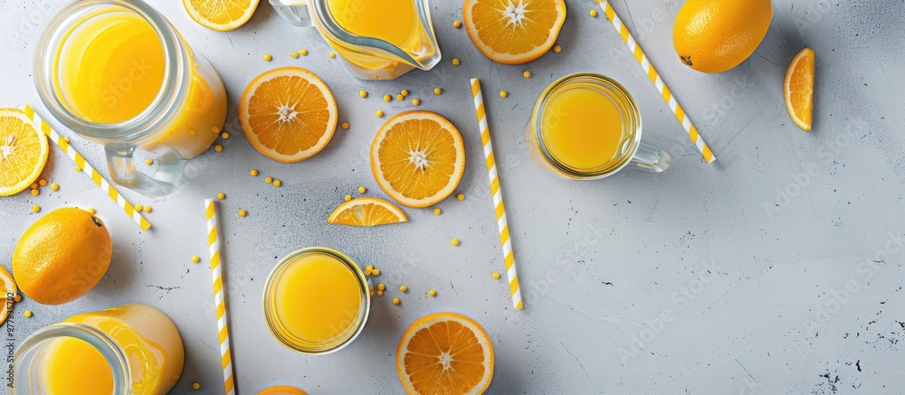 Poster Glass bottles cups and a pitcher filled with fresh orange juice accompanied by orange slices and yellow straws on a light gray table Top view Flat Lay. Copy space image