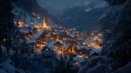 A picturesque alpine village at night with lights glowing through snow-covered rooftops.