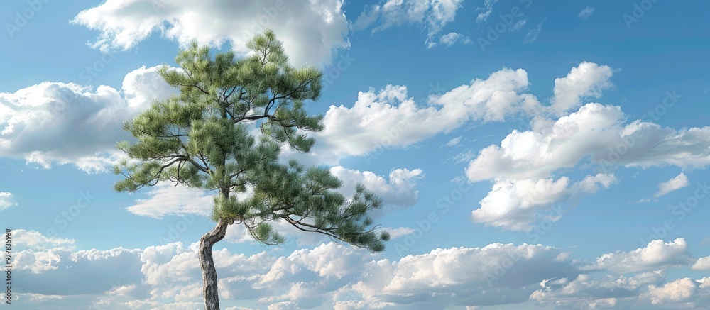 Wall mural casuarina she oak pine tree set against a blue sky adorned with fluffy white clouds. copy space imag