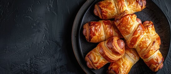 Pigs in a Blanket wrapped in puff pastry with sausage Black backdrop Top view. Copy space image. Place for adding text and design