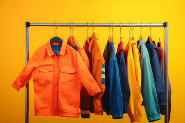 Fototapeta premium Workers' uniforms on clothing rack against yellow background. Space for text