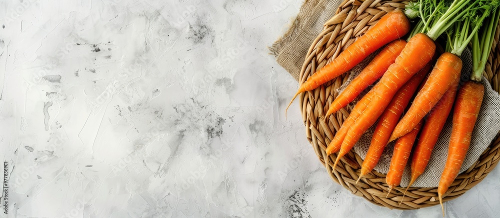 Sticker Fresh carrots and a wicker mat on a white grunge backdrop. Copy space image. Place for adding text and design