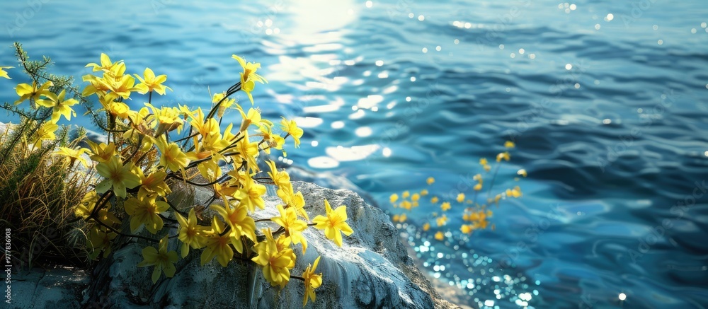 Poster Yellow flowers set against a background of the sea. Copy space image. Place for adding text and design