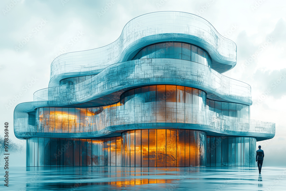Poster an architect's form intertwined with blueprints, representing the vision and creation of new spaces 