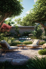 Cozy garden relaxation area with chairs and sun loungers. A peaceful outdoor relaxation area in the garden, featuring comfortable chairs and sun loungers for a serene escape in nature. generative AI