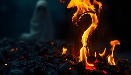 mystery question mark in fire with ghost in the back, Halloween theme