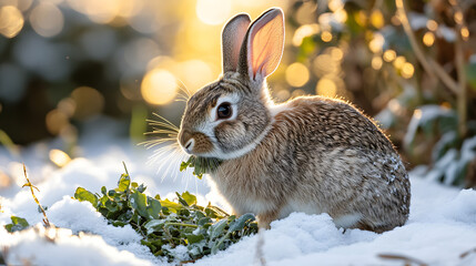 Fototapeta premium A rabbit nibbling on winter greens in a snow-covered garden its fur blending with the frosty ground as the sun sets in the distance.