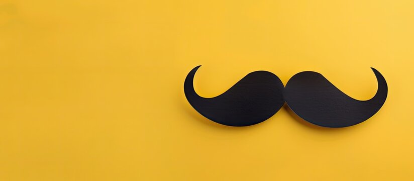 Happy Father s Day birthday party Purim Halloween theme Black paper mustache with copyspace for text on a yellow background Top view