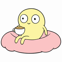  cute cartoon character lying on a fluffy pink pillow, holding a small cup of tea