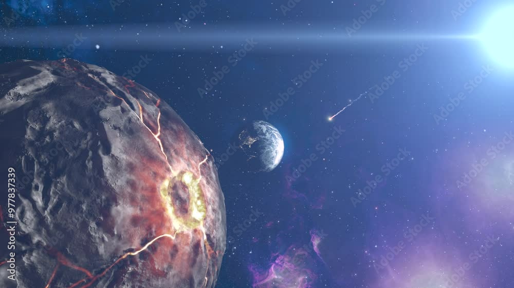 Wall mural massive rocky planet with magma close to earth and small meteor 3d rendering of planet earth with po