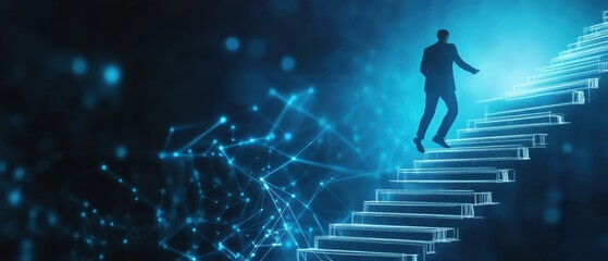 Businessman drawing a staircase with his hand on a dark blue background, a concept of business growth and success in sales or human resources Generative AI