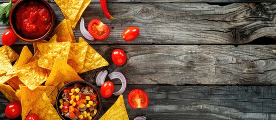 Food background featuring nacho chips and ingredients for tortilla preparation Includes onion tomatoes chili peppers beef tortillas and corn with dips on a weathered wooden surface Flat lay with copys