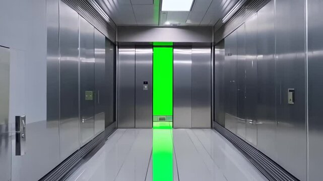 Elevator door with a bright green screen for custom video integration