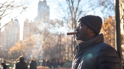Man smoking a cigar out in a park in New York City