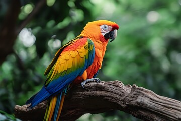 Colorful Scarlet Macaw Parrot Perched on Branch in Tropical Rainforest