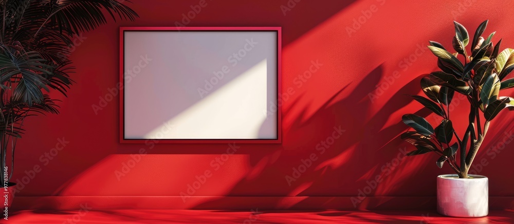 Poster frame set against a red background. copy space image. place for adding text and design