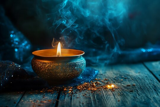 Burning candle with smoke and tealight on wooden table, mystical blue background