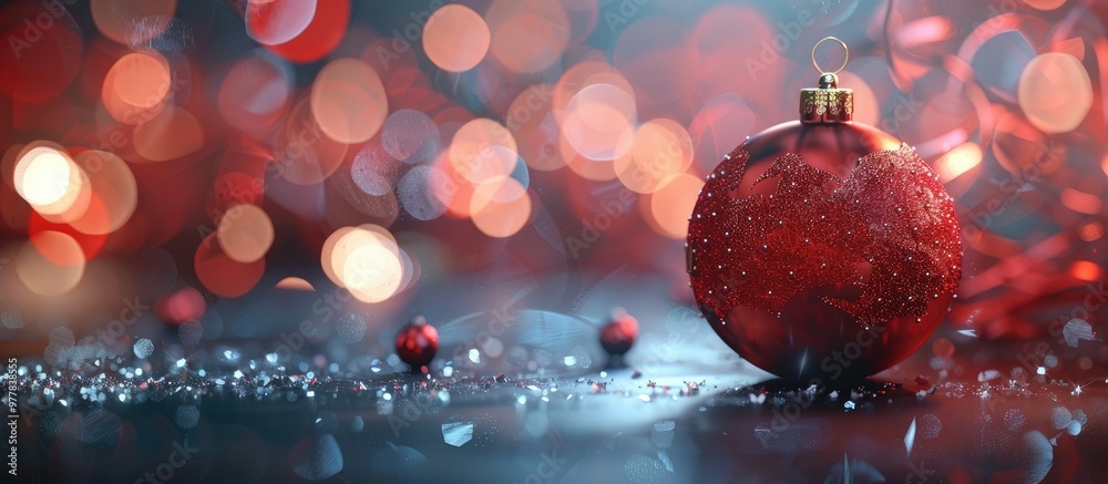 Poster red christmas bauble on a bokeh background. copy space image. place for adding text and design