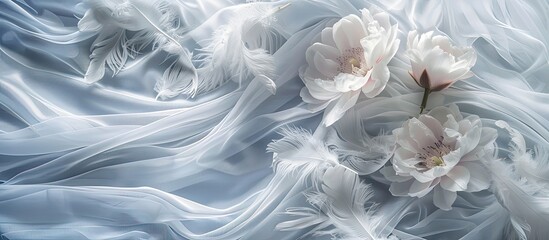 Card featuring delicate flowers and white feathers on fabric. Copy space image. Place for adding text and design