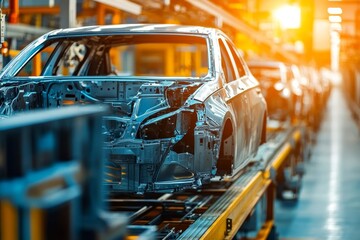 Automated car body assembly on conveyor in modern automotive manufacturing plant