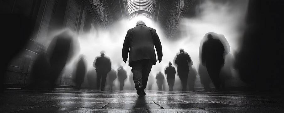 A black and white photograph of a fat man walking through fat crowd, blurred motion, shot from above, wearing modern attire
