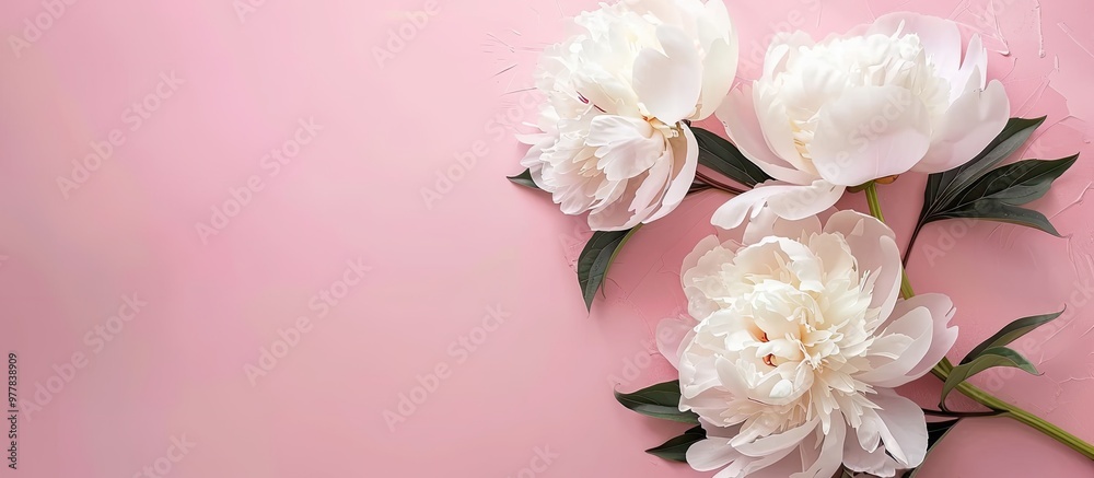 Poster Stunning white peony flowers on a pink background with copyspace for your text in a top view and flat lay style