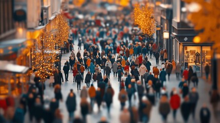 Obraz premium Blurred crowd on a busy shopping street with festive decorations.