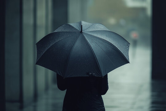 Parasol - postać pod mokrym parasolem w deszczowy dzień.