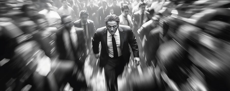 A black and white photograph of a fat man walking through fat crowd, blurred motion, shot from above, wearing modern attire