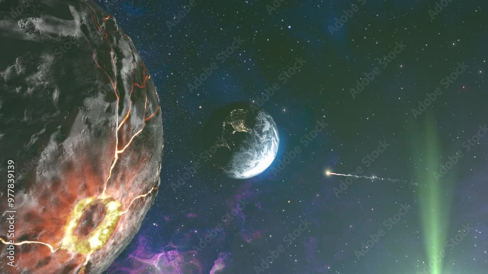 Sticker massive rocky planet close to earth and small meteor 3d rendering of planet earth with potential ast
