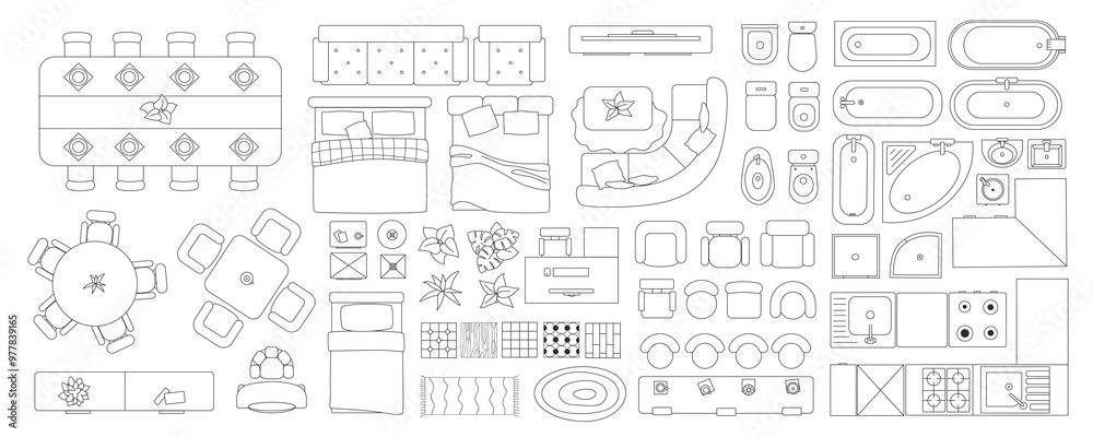 Poster linear interior in top view mega set in flat graphic design. collection elements of outline apartmen