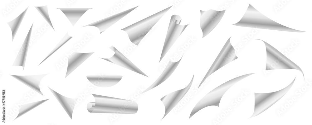 Poster page bent edges mega set in flat graphic design. collection elements of different white curling pape