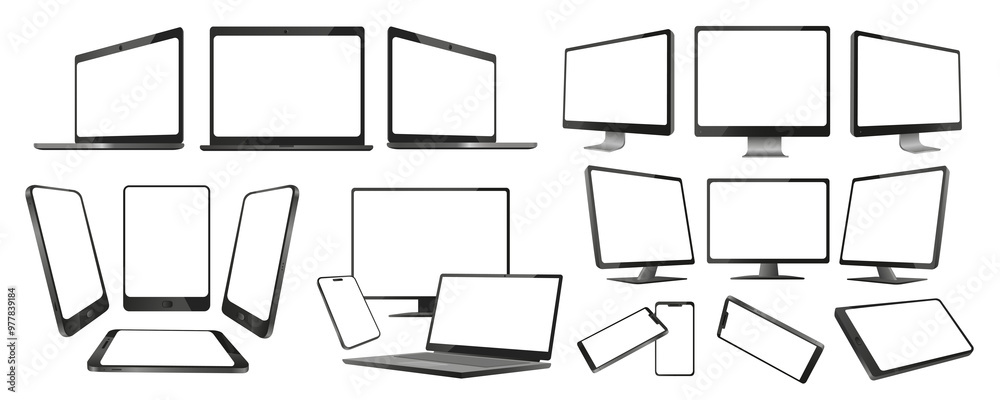 Aufkleber Realistic electronic devices mega set in flat graphic design. Collection elements of different mockups of laptops, widescreen tv, cellphones, computers, tablets with empty screen. Illustration.