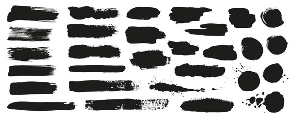 Black ink stains mega set in flat graphic design. Collection elements of abstract grunge paint shapes with torn borders, messy watercolor stroke paints, rough paintbrush texture. Illustration.