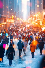 Obraz premium People walking on snowy city street. Winter urban scene with falling snow.