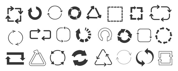 Loading symbols mega set in flat graphic design. Collection elements of different rotate arrows in circle, square or other. Turning, reusing, recycling, progress, rotation signs. Illustration.