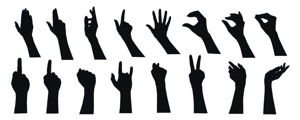 Hand gestures silhouette mega set in flat graphic design. Collection elements of different expression human arm, open palm, heart shape, finger up, peace, rock, rude signs, fist. Illustration.