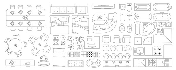 Linear interior in top view mega set in flat graphic design. Collection elements of outline apartment plan with kitchen, dining, bedroom, living room, bathroom and other objects. Illustration. © alexdndz