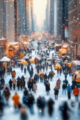 Obraz premium People walking on snowy city street. Winter urban scene with falling snow.