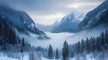 A snow-covered valley with towering mountains in the distance and mist rising from the trees below.