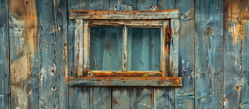 Poster close up of an aged and overlooked wooden window. copy space image. place for adding text and design