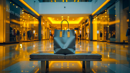 A shopping bag sitting on a bench in a shopping mall