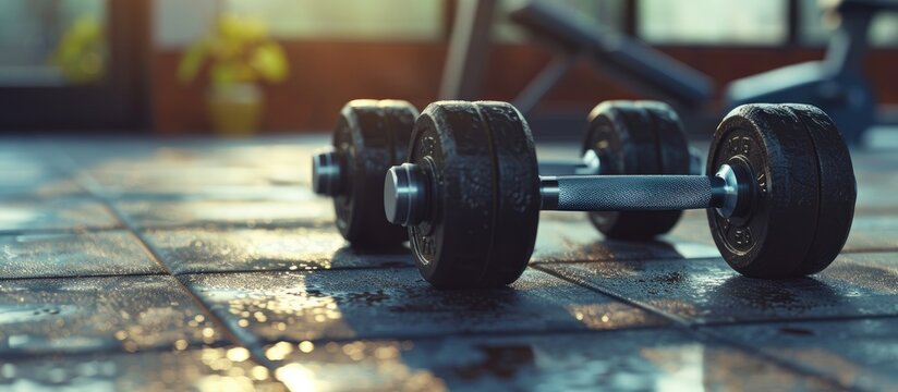 Close up of dumbbell exercise weights on the gym floor with a vintage tone. Copy space image. Place for adding text and design