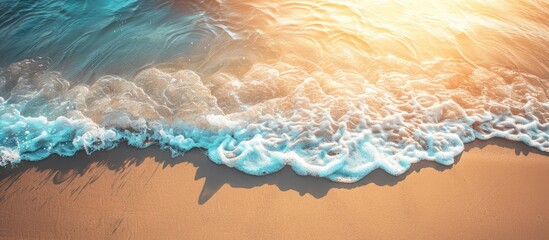 Gentle sea waves on a sandy beach under sunlight Background of a tropical sandy beach with copy space Aerial perspective using a vintage filter effect