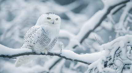 A snowy owl perched on a snow-covered branch its white feathers blending with the frosty surroundings.