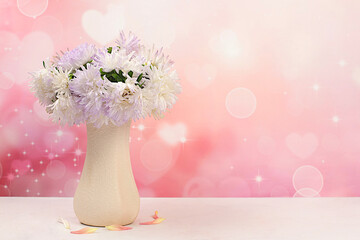 Beautiful aster flowers in vase, autumn banner for advertising with space for text, abstract floral arrangement, holiday card, seasonal still life hello autumn,