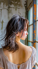 Fototapeta premium A woman looking out of a window with her hair blowing in the wind